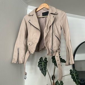 All saints leather biker jacket in blush beige pink